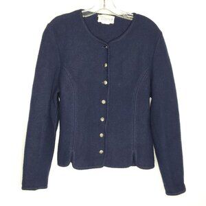 Deans of Scotland Boiled Wool Cardigan Sweater L Navy Blue Jacket Preppy Classic